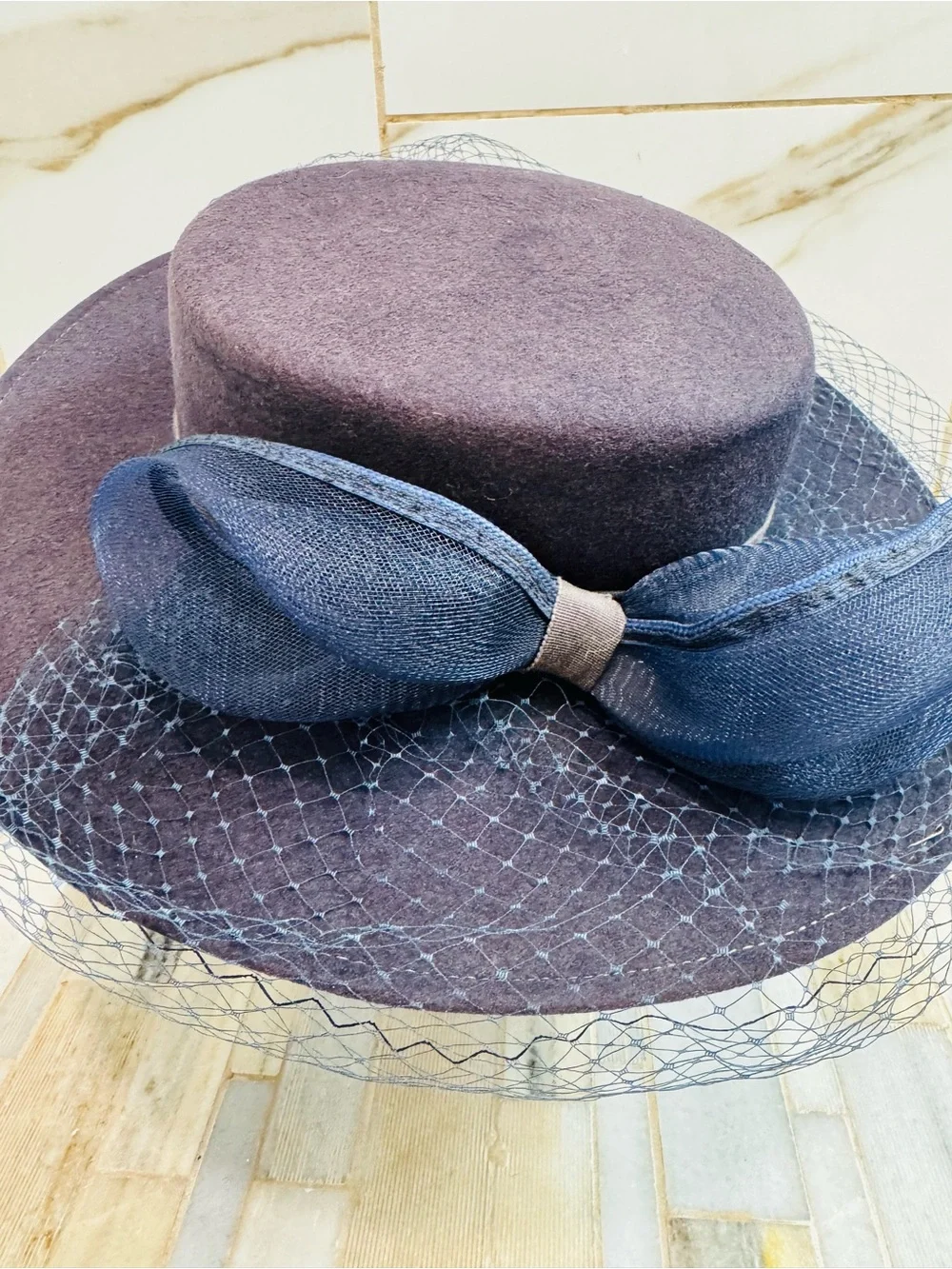 Vintage Bollman Hat Co USA Navy Doeskin Felt Wide Brim Veil Hat Sz 7 Wool